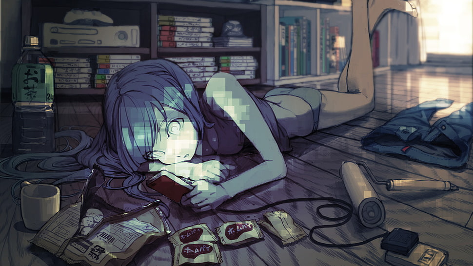 anime female character lying on floor beside shelf digital wallpaper, manga HD wallpaper