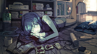 anime female character lying on floor beside shelf digital wallpaper, manga