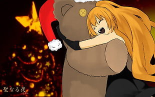yellow haired woman hugging bear illustration