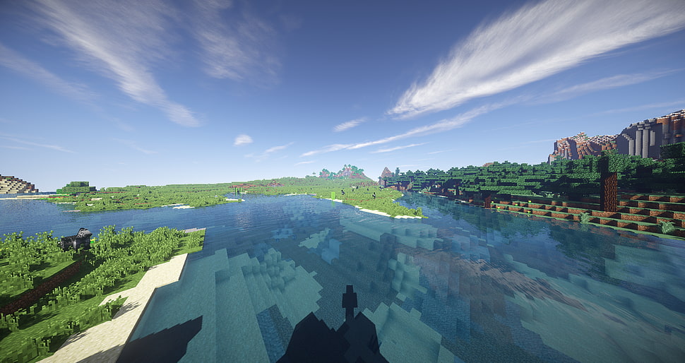 white and blue above ground pool, Minecraft, shaders HD wallpaper