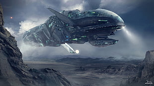 gray alien warship, artwork, futuristic, science fiction, spaceship