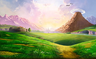 green grassfield illustration, The Legend of Zelda, The Legend of Zelda: Ocarina of Time, Death Mountain, Lon Lon Ranch