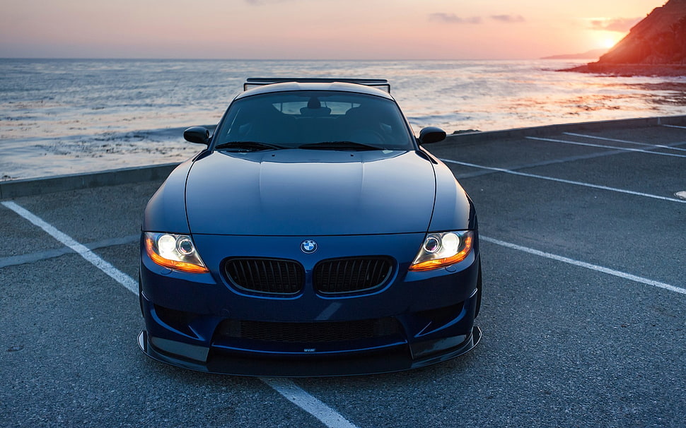 black BMW car, BMW, blue cars, car, sea HD wallpaper