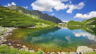 blue body of water surrounded by green glass covered mountains