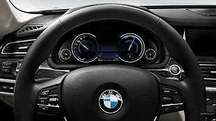 black BMW steering wheel, BMW 7, steering wheel, car, car interior