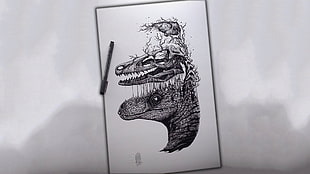 dinosaur tattoo stencil, velociraptors, abstract, monochrome, skull