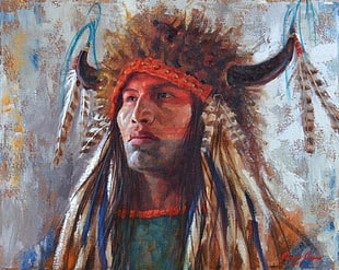 native American man painting, painting, Native Americans, headdress, men