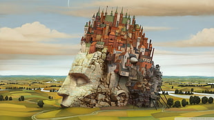 castle on statue's head digital wallpaper, Jacek Yerka