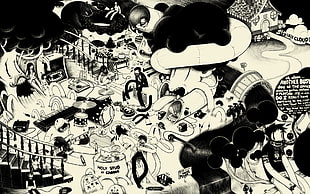 doodle illustration, McBess, monochrome, psychedelic, artwork