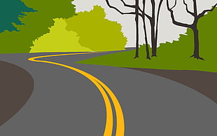 road in forest illustration, road, forest, trees, minimalism HD wallpaper