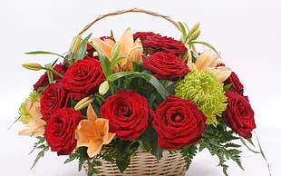 basket of red and pink roses