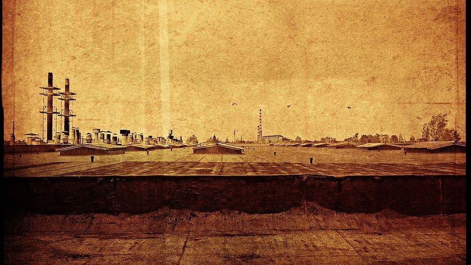 brown wooden framed wall decor, old, rooftops, sepia, filter HD wallpaper