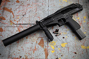 black assault rifle, SR2MP  submachine gun, suppressors, gun