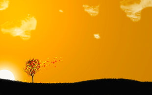 tree over hill illustration, field, sunset, fall, digital art HD wallpaper