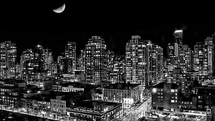 black and white building painting, Vancouver, British Columbia, night, Moon
