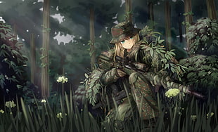 anime character wearing suit holding sniper rifle