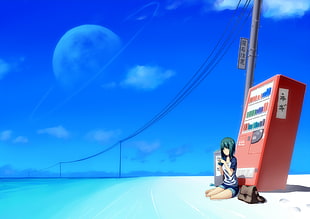 green haired anime character near a red vending machine