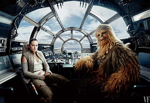 Chewbacca and woman sitting on spaceship digital wallpaper