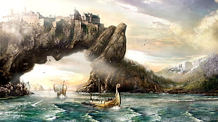 two brown sailboats on body of water digital wallpaper, The Elder Scrolls V: Skyrim, landscape, city, painting