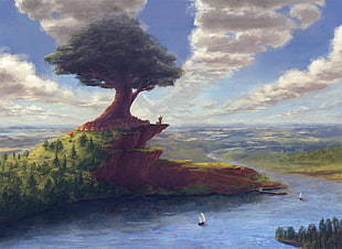 painting of large tree on hill, fantasy art, artwork