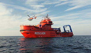 red rescuer ship, sea, ship, vehicle, helicopters