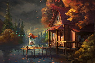 girl standing on dock painting HD wallpaper