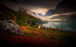 gray stone, nature, landscape, mountains, lake HD wallpaper