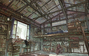 painting of house, warehouse, futuristic, cartoon