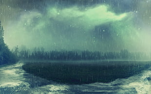 body of water illustration, rain, trees