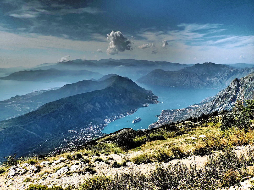 aerial photography of rocky mountain with the body of the water, kotor, montenegro HD wallpaper