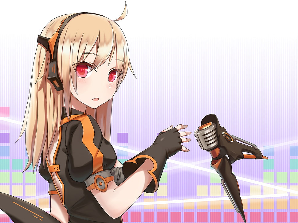 blonde haired female wearing black and orange suit and headphones anime character display wallpaper HD wallpaper