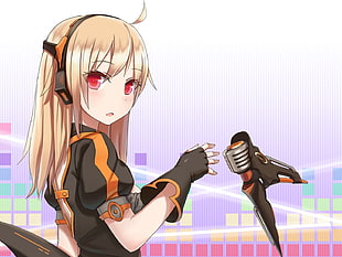 blonde haired female wearing black and orange suit and headphones anime character display wallpaper
