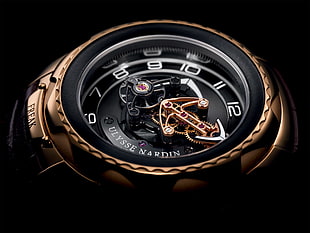 round gold-colored Ulysse Nardin chronograph watch, luxury watches, watch, Ulysse Nardin