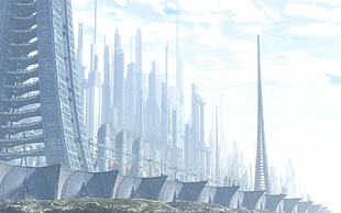 gray buildings illustration, science fiction, futuristic city, digital art