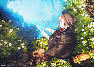 female anime character on pond HD wallpaper