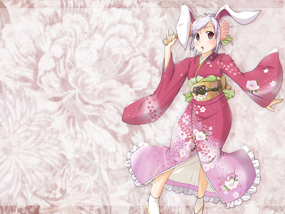 photo of rabbit girl wearing yukata anime character HD wallpaper