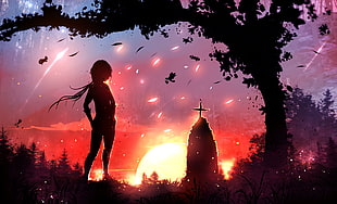 anime character 3D wallpaper, sunset, trees, leaves