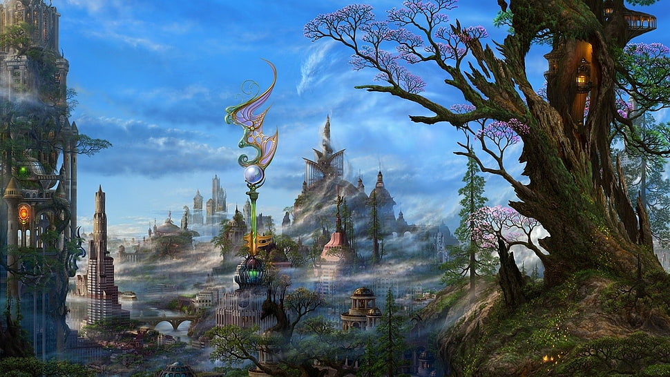 multicolored tower surrounded with buildings digital wallpaper, digital art, fantasy art, landscape, trees HD wallpaper