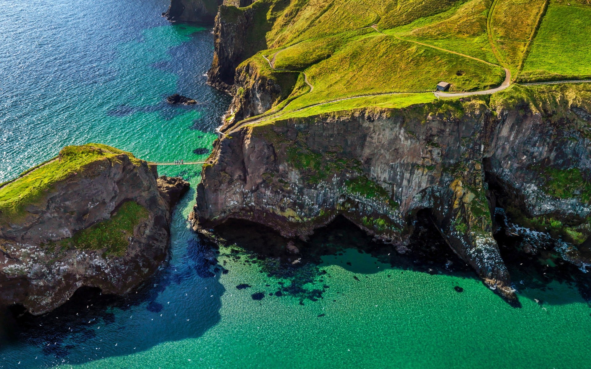 gray mountains, cliff, bridge, grass, island