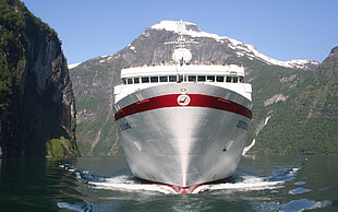 white and red dome tent, cruise ship, ship, mountains, vehicle