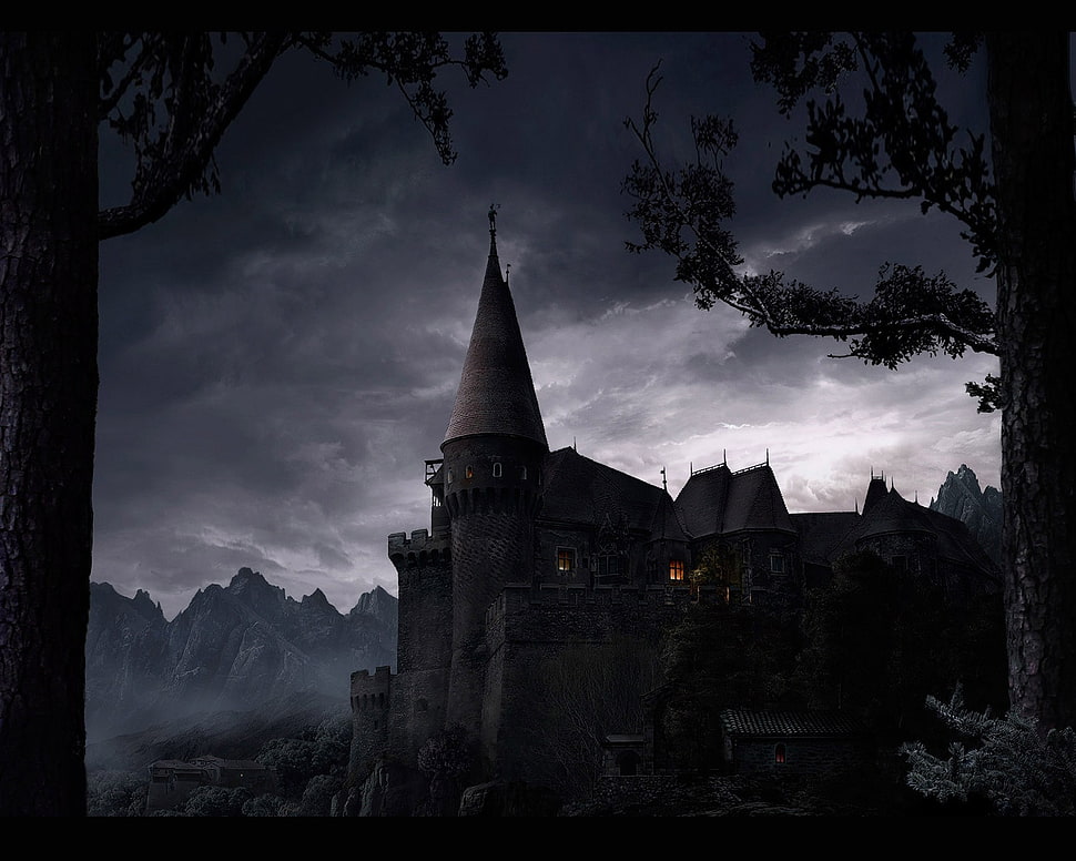 black stone castle far away from mountains HD wallpaper