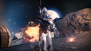soldier holding gun near moon game application illustration