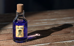 purple and white labeled bottle, wood, bottles, Poison