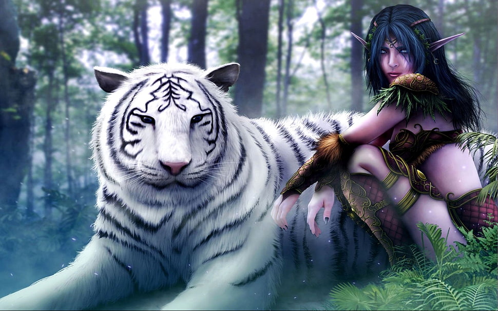 white tiger illustration, Warcraft, Night Elves, tiger, video games HD wallpaper