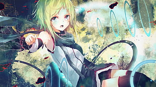 female character with yellow hair, manga, green eyes, open mouth, Vocaloid