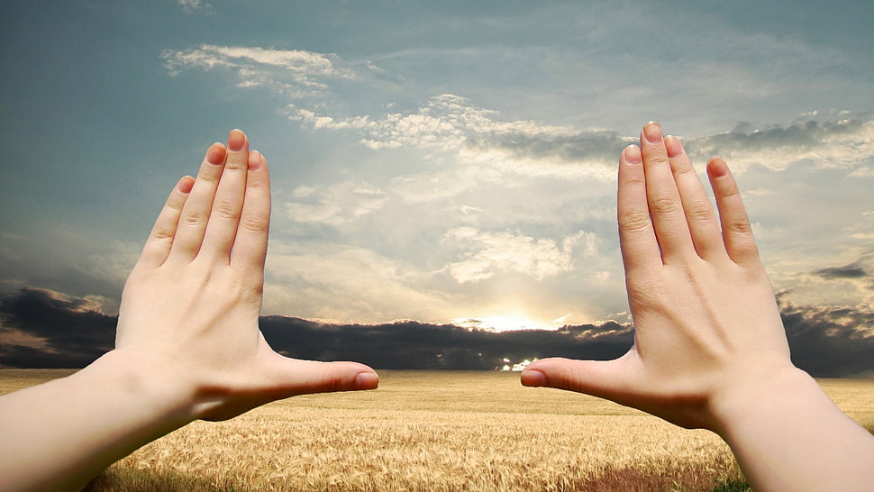 persons' hands, hands, landscape, clouds HD wallpaper