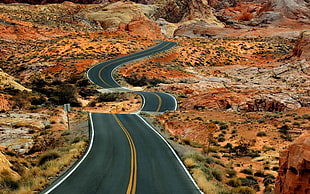 road between barren land at daytime, road