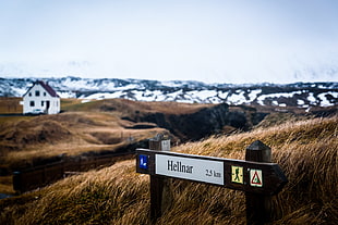 selective focus photography of Hellnar 2.5 KM signage
