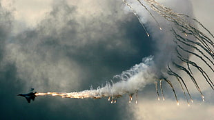 black jetplane, smoke, sky, clouds, fire HD wallpaper