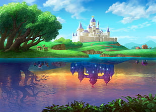 Disney movie castle digital wallpaper, castle, splitting, elk, reflection